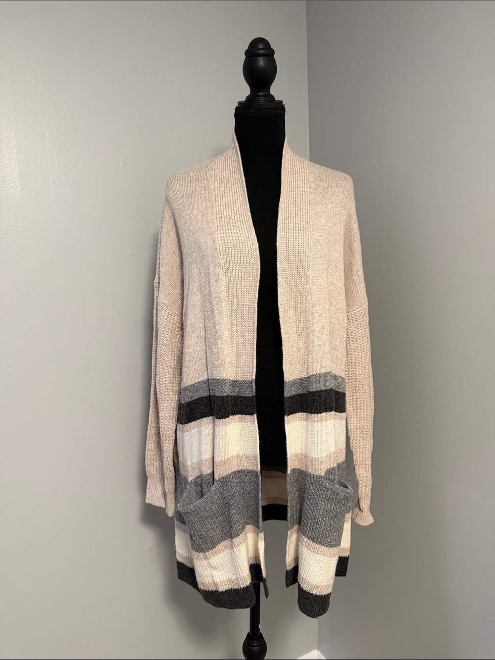 LOFT Beige Open-Front Cardigan with Gray and Cream Stripes